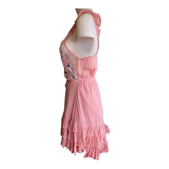 Romantic Pink Anthropologie Cleobella Lace Tiered Mini Dress XS Blush Chic Boho - Picture 2 of 10
